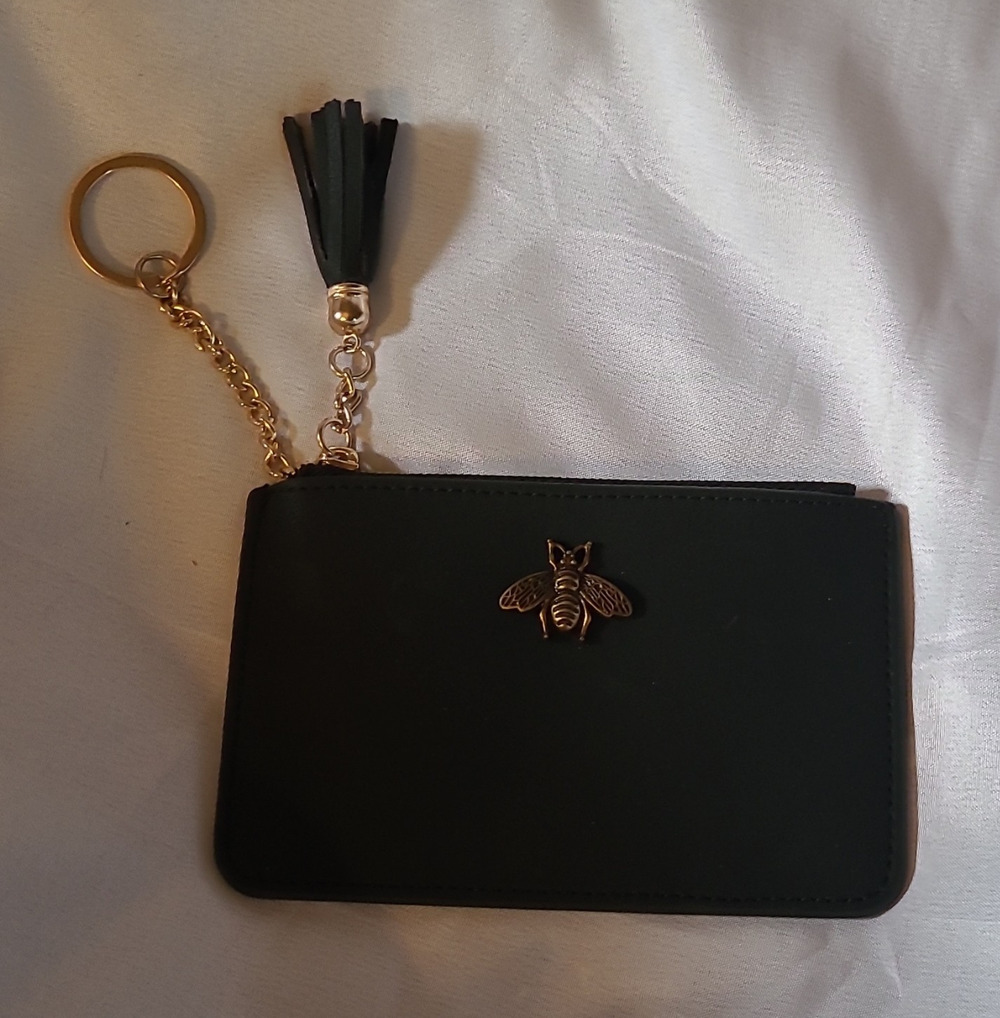 Women’s Black Solid Zip Coin Wallet Pouch w/ Zipper, Key Ring, Tassel, Bee Charm